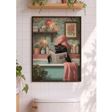 Pena Tablo Küvette Kedi Banyo Tablosu -  Siyah Çerçeveli Gazete Okuyan Kedi Duvar Dekoru Kedili Tablo
