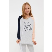 Pija Pija Bisiklet Yaka Baskılı Uzun Kollu Kız Çocuk Pijama TAKIM10