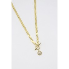 Bade Jewelry Vip Gold Gemici Klipsli Zirkon Top Detaylı Kararmaz Çelik Şık Kolye 50 cm