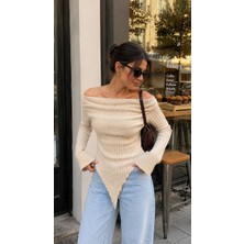 Sobasic Yumuşak Triko Bluz - Omuz Dekolteli Kayık Yaka Esnek Triko Bluz