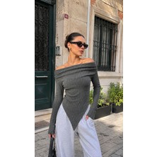 Sobasic Yumuşak Triko Bluz - Omuz Dekolteli Kayık Yaka Esnek Triko Bluz