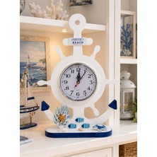 Kesene Ev Ofis Dekoru Ahşap Denizci Dümen çapa Tasarımlı Dekoratif Masa Saati Biblo 34X24 cm