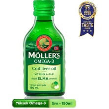Möller's Omega 3 Elmalı 150 ml; saf morina balığı yağı, IFOS Onaylı, DHA, EPA, A D E vitamini. Çocuklar ve yetişkinler için doğal omega-3 takviyesi.