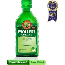 Möller's Omega 3 Elmalı 250 ml; saf morina balığı yağı, IFOS Onaylı, DHA, EPA, A D E vitamini. Çocuklar ve yetişkinler için doğal omega-3 takviyesi.