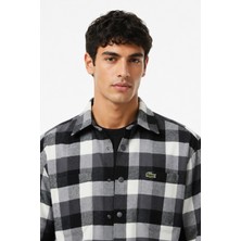 Lacoste Men's Loose Fit Button-Down Linen Shirt  Rahat Kesim Pamuklu Kareli Erkek Gömlek Gri