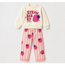 Yiğit Butik Kız Çocuk Strawberry Baskılı Çizgili Alt Üst Takım
