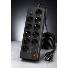 Airstorr PRO-EU04 10’li Akım Korumalı Çoklu Priz – 2 Usb-C + 2 Usb-A | 2500W 10A | 2 Metre Kablolu