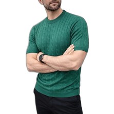 YM PAZARLAMA Erkek Yazlık Triko Dokuma Tişört Kısa Kol Bisiklet Yaka Örgü Desenli T-Shirt - Haki