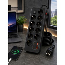 Megamus PRO-EU04 10’li Akım Korumalı Çoklu Priz – 2 Usb-C + 2 Usb-A | 2500W 10A | 2 Metre Kablolu