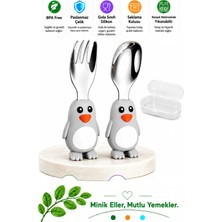 Penguen Figürlü Premium Çocuk Bpa Free Silikon Sap Paslanmaz Çelik Uçlu Çatal-Kaşık Set 9+ Ay