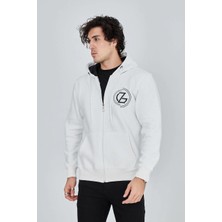 Erkek 3 Iplik Pamuklu Fermuarlı Kapüşonlu Kanguru Cepli Baskılı Hoodie - Beyaz