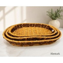 Abnturk 3'lü Dekoratif Hasır Servis Sunum Tepsisi-Oval Rattan Görünümlü Çok Amaçlı Organizer Sepet