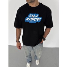 Velmora Fashion Erkek Tişört Bisiklet Yaka Baskılı Oversize T-Shirt - Siyah