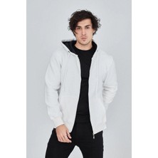Velmora Fashion Erkek 3 Iplik Pamuklu Fermuarlı Kapüşonlu Kanguru Cepli Hoodie Hırka Sweatshirt - Beyaz