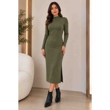 Gül&Can Butik 🌿 Haki Yeşili Desenli Triko Elbise