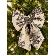 Beige & Stone Mini Boy Antrasit Desenli Kumaş Fiyonk Yılbaşı Çam Ağacı Süsü Dekoratif Kurdele Noel ve Yeni Yıl Süsü 16 cm