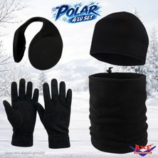 Axe Sportswear Kışlık Siyah Sıcak Tutan Bileği Sıkmayan Manşetli Katlamalı Termal Polar Eldiven Bere Boyunluk Kulaklık 4'lü Set