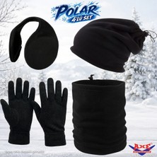Axe Sportswear Kışlık Siyah Sıcak Tutan Bileği Sıkmayan Manşetli Katlamalı Termal Polar Eldiven Bere Olabilen Boyunluk Kulaklık 4'lü Set