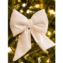 Beige & Stone Mini Boy Beyaz Kumaş Fiyonk Yılbaşı Çam Ağacı Süsü Dekoratif Kurdele Noel ve Yeni Yıl Süsü 16 cm