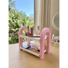 Ahen Design Iskandinav Tarzı 2 Katlı Kozmetik Düzenleyici - Masaüstü Makyaj ve Banyo Rafı Pembe