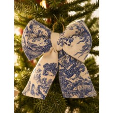 Beige & Stone Mini Boy Mavi Desenli Kumaş Fiyonk Yılbaşı Çam Ağacı Süsü Dekoratif Kurdele Noel ve Yeni Yıl Süsü 16 cm