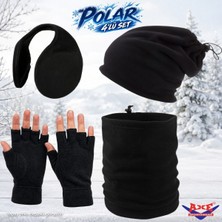 Axe Sportswear Kışlık Siyah Sıcak Tutan Bileği Sıkmayan Manşetli Katlamalı Termal Parmaksız Kesik Polar Eldiven Bere Olabilen Boyunluk Kulaklık 4'lü Set Takım