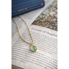Takıtolia Mint Mavi-Gold Oval Taşlı Altın Renkli Toplu Zincirli Kedi Gözü Paslanmaz Çelik Minimal Gold Kolye