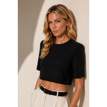 Luzar Basic Vatkalı Crop Bluz Fermuarlı Floş Viskon Pamuk Karışımlı