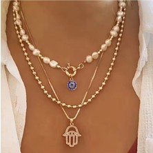 Takıtolia Tılsım Model Barok Incili, Nazar ve Hamsa Figürlü 3'lü Gold Kombin Kolye