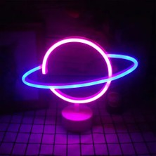 Neon Işıklı Satürn Lamba (Pil + Usb)