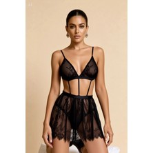 Kadın Siyah Şık Dantel Etekli Body Kesim Fantezi Takım Mery Woman