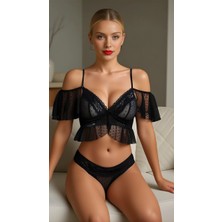 Black Polka Lace Desire Dantel Işlemeli Dekolteli Siyah Puantiyeli Sütyen Külot Takımı Mery Wo