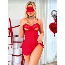 Efem İç Giyim Kırmızı Göğüs Dekolteli Transparan Gecelik 3 Parça