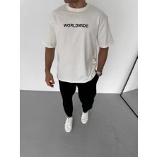 Demir Grup cc Unisex Bisiklet Yaka Baskılı Oversize T-Shirt - Beyaz