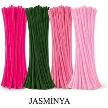 Jasminya 100 Adet Renkli Şönil Seti Eğitici Tüylü Tel Elişi Malzemesi Fuşya-Şeker Pembe-Pastel Pembe-Yeşil Blm