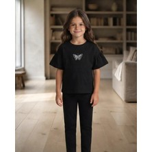 Tuffy Siyah – Kız Çocuk Kelebek Işlemeli Kısa Kol Oversize Tişört Sarı