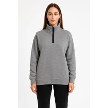 Demir Grup Üç Iplik Dık Yaka Yarım Fermuarlı Sweatshirt - Gri
