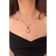 Suerte Accessories Pembe Kuvars Doğal Taş Mayorka Inci Detaylı Pembe Kuvars Doğaltaş Uçlu El Yapımı Özel Tasarım Kolye