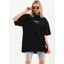 Tarz Yeri Kadın Baskılı Oversize Kısa Kol  T-Shirt - Siyah