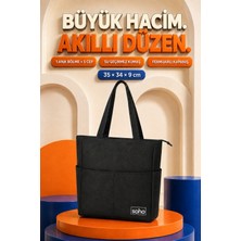 Soho Orijinal Çok Gözlü Geniş Iç Hacimli Su Geçirmez & Fermuarlı Yan Cepli Tote Bag | Ofis Okul Üniversite Spor Için Askılı Anne Shopper Günlük Çok Amaçlı El Kol ve Omuz Çantası | Büyük Boy - 35X34X9 cm