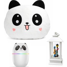 TeknoKapsül Panda Temalı Dekoratif Tasarıma Sahip Hediye Seti – Peluş Panda Yastık + Buhar Makinesi Nemlendirici + Sevgili Figürlü Kar Küresi | Dekoratif Hediye Seti