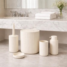 TeknoKapsül 5’li Limon Rengi Banyo Seti – Çöp Kovası, Sıvı Sabunluk, Diş Fırçalık, Sabunluk ve Wc Fırçası – Modern Çizgili Şık Tasarım