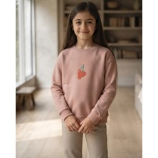 Tuffy Pudra Renkli Kız Çocuk Şardonlu Sweatshirt Üzüm Işlemeli Rahat Kesim