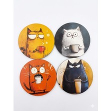 TeknoKapsül Komik Kedi Tasarımlı Yuvarlak Bardak Altlığı, 4'lü Set,renkli