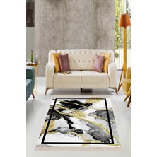 TeknoKapsül Pelangi Mermer Desenli Gold Şeritli Çerçeveli Dijital Baskı Yıkanabilir Kaymaz Taban Modern Salon Halısı, Beyaz 160 x 240