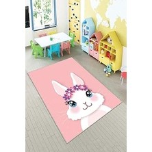 TeknoKapsül Pelangi Pembe Tavşan Desenli Yıkanabilir Kaymaz Taban Leke Tutmazbebek ve Çocuk Odası Halısı, Pembe-Beyaz 80 x 400, 90135708080400