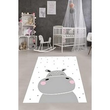 TeknoKapsül Pelangi Sevimli Hipopotam Su Aygırı Yıldızlı Yıkanabilir Kaymaz Taban Leke Tutmaz Çocuk Odası Halısık, Gri-Beyaz-Siyah 160 x 300, 76420421603001