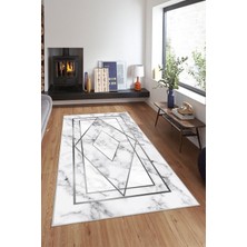 TeknoKapsül Pelangi Beyaz Gri Işleme Mermer Yıkanabilir Kaymaz Taban Leke Tutmaz Modern Salon Halısı ve Yolluk, Beyaz-Gümüş 80 x 500