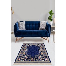 TeknoKapsül Pelangi Çiçek Desenli Çerçeveli Dijital Baskı Yıkanabilir Kaymaz Taban Modern Salon Halı ve Yolluk, Lacivert 180 x 250