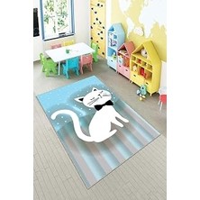 TeknoKapsül Pelangi Mavi Kedi Desenli Yıkanabilir Kaymaz Taban Leke Tutmazbebek ve Çocuk Odası Halısı, Gri-Mavi 160 x 350, 901357023160350